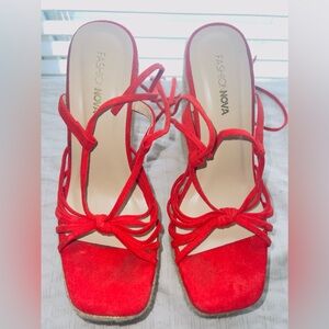 Red wedges with lace up strings